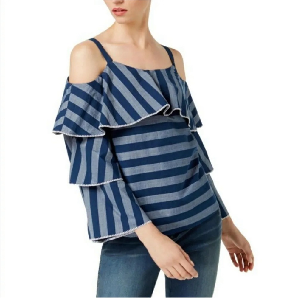 INC Women's 3/4 Tiered Sleeve Cold-shoulder Blouse S all cotton embroidery